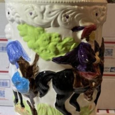 Vintage Ceramic Embossed Handpainted Colonial Theme Umbrella Stand 17.25" Tall in Good Preowned Condition.