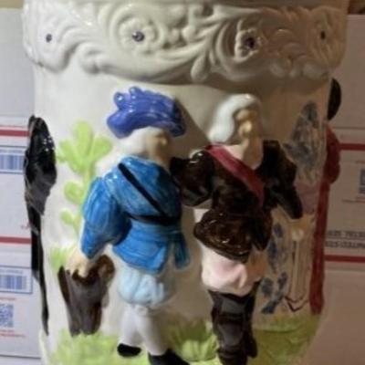 Vintage Ceramic Embossed Handpainted Colonial Theme Umbrella Stand 17.25" Tall in Good Preowned Condition.