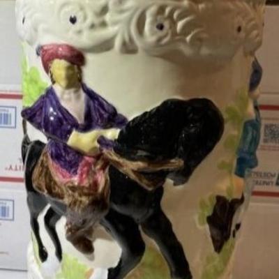 Vintage Ceramic Embossed Handpainted Colonial Theme Umbrella Stand 17.25" Tall in Good Preowned Condition.