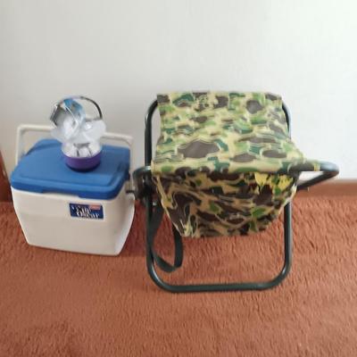 The Oscar cooler with camping lantern and camo fabric folding stool with storage - PERFECT DAY FISHING !