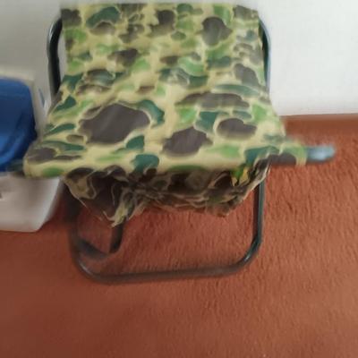 The Oscar cooler with camping lantern and camo fabric folding stool with storage - PERFECT DAY FISHING !