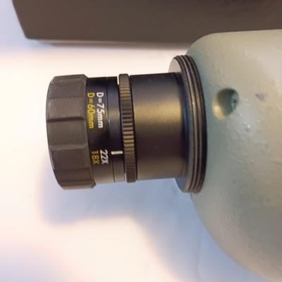 Cabela's non-Armor 75mm SSY76 spotting scope with padded storage case and original box.