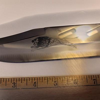 Pakistan Stainless marked Lion printed on blade -wooden handled Piggyback hunting knife set.