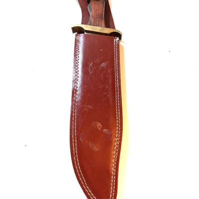 Large wooden handled Bowie knife- with Pakistan tooled leather sheath.