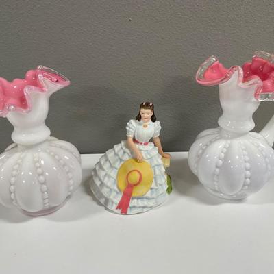 White and pink Fenton bases with southern bell porcelain girl