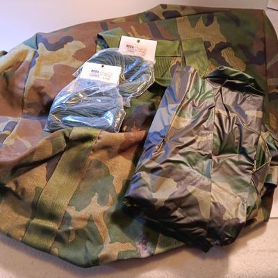 HUGE Camouflage canvass bag Camp rain jacket and paracord