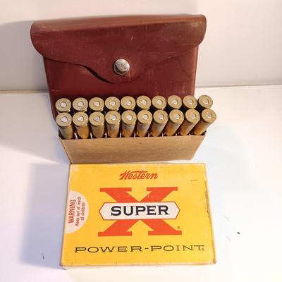 Vintage Leather Hunter ammo case with Western Super X power-point 375 H& H Magnum Ammunition