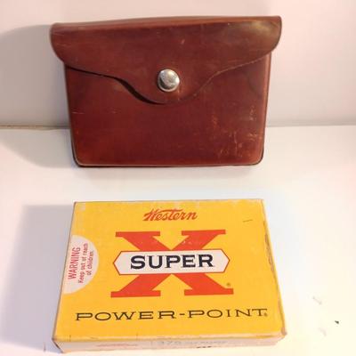 Vintage Leather Hunter ammo case with Western Super X power-point 375 H& H Magnum Ammunition