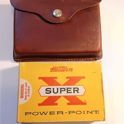 Vintage Leather Hunter ammo case with Western Super X power-point 375 H& H Magnum Ammunition