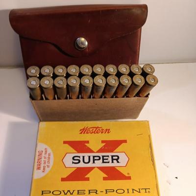 Vintage Leather Hunter ammo case with Western Super X power-point 375 H& H Magnum Ammunition