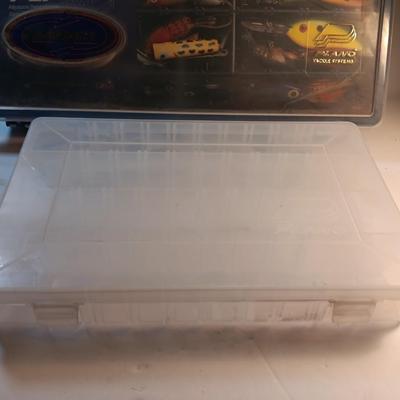 Plano plastic storage organizing boxes for fishing tackle.