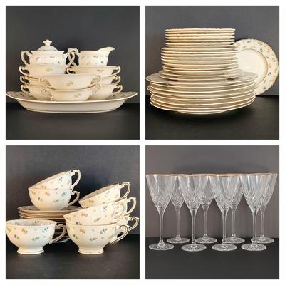 LOT 10L: Federal Shape Syracuse China with Gold Rimmed Wine Glasses