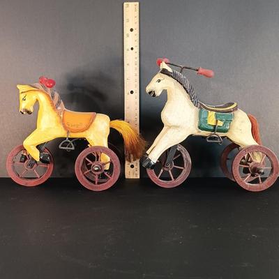 LOT 16C: Vintage Toy Collection- Three Hands Corp Wooden Horse Tricycles, Metal and Wood Cars, Mini Chess Set & More
