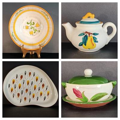 LOT 17C: Stangl Collection- Terra Rose Yellow Tulip Plate, Fruit Teapot, Amber Glo Plate & Tab Handled Dish