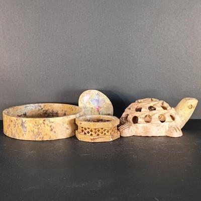 LOT 18C: Soapstone Trinket Boxes with Renoir Designs Mantle Clock & Silvestri Candle Holders
