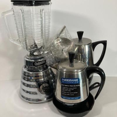 LOT 47D: Osterizer Blender, Farberware Fast Brew Percolator, Cast Iron Skillet and More