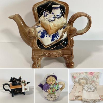 LOT 49D: Collection of Vintage Table Linens, Decorative Tea Pots (Royal Doulton 