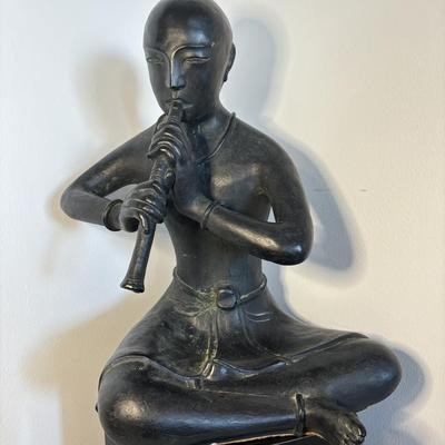 LOT 85L: Vintage Bronze Gilded Buddhist Boy Snake Charmer Chalkware Sculpture w/ Stand