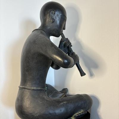 LOT 85L: Vintage Bronze Gilded Buddhist Boy Snake Charmer Chalkware Sculpture w/ Stand