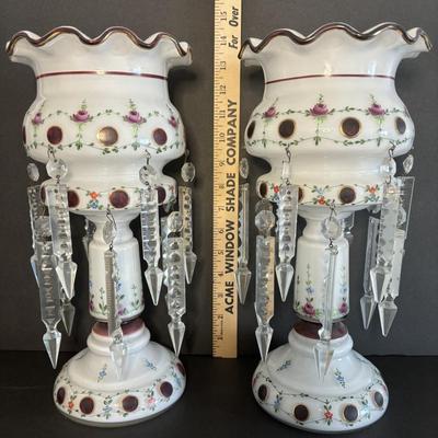 LOT 91L: Vintage Bohemian Mantle Lusters White Hand Painted w/Crystal Prisms