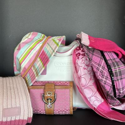LOT 150B: Pink Coach Collection - Leather Bag, Two Bucket Hats, Two Scarves, Gloves And Wallet