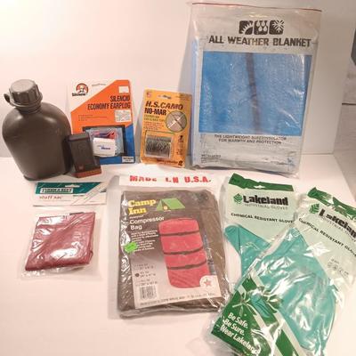 Survival / Camp gear - chemical gloves canteen all weather blanket compressor bag and more
