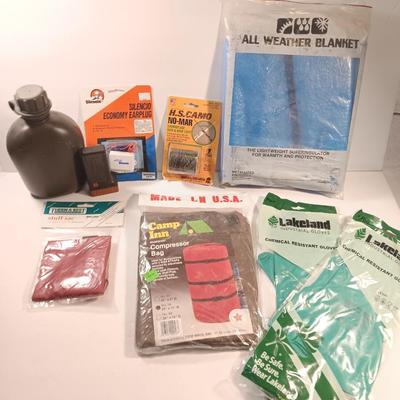 Survival / Camp gear - chemical gloves canteen all weather blanket compressor bag and more