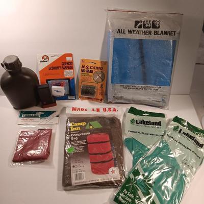 Survival / Camp gear - chemical gloves canteen all weather blanket compressor bag and more