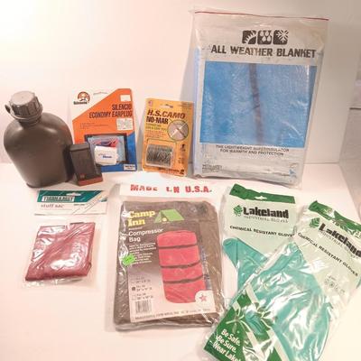 Survival / Camp gear - chemical gloves canteen all weather blanket compressor bag and more