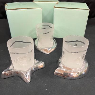 3 PARTYLITE GLASS VOTIVES W/CHROME BASES
