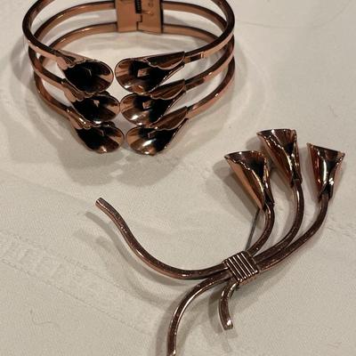 Renoir copper color Cala lily bracelet and brooch