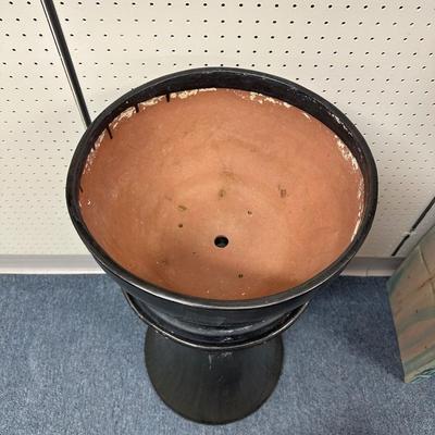 LARGE BLACK CERAMIC PLANTER WITH STAND