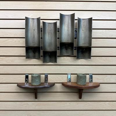 VINTAGE METAL WALL SCONCE AND 2 FLOATING WOOD SHELVES