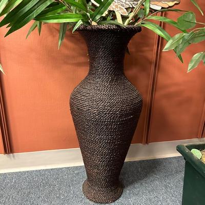 FAUX PLANT IN WICKER STYLE VASE AND ARTIFICIAL 2 TRUNK TREE IN POT