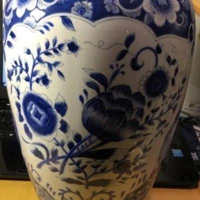 Vintage Asian Style Blue & White Porcelain Vase Drilled 14" Tall Preowned from an Estate in Good Condition. (Heavy)