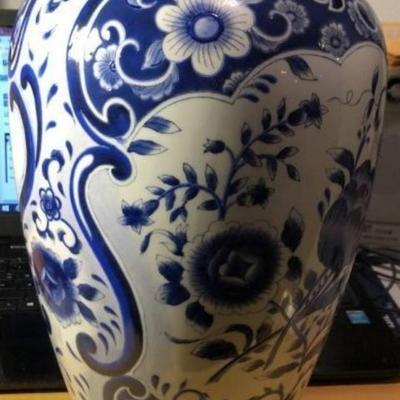 Vintage Asian Style Blue & White Porcelain Vase Drilled 14" Tall Preowned from an Estate in Good Condition. (Heavy)