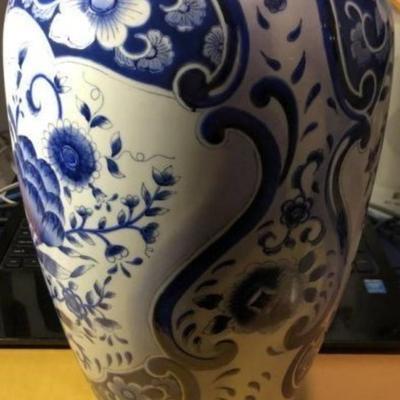 Vintage Asian Style Blue & White Porcelain Vase Drilled 14" Tall Preowned from an Estate in Good Condition. (Heavy)