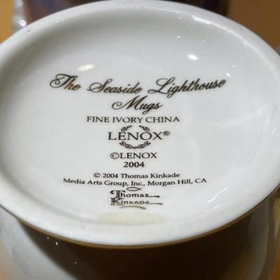 Set of 4 Lenox the Seaside Lighthouse Mugs Fine Ivory China 2004 by Thomas Kinkade Mugs in VG Condition.