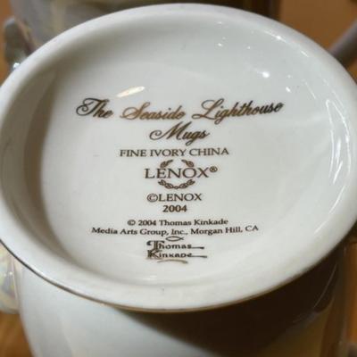 Set of 4 Lenox the Seaside Lighthouse Mugs Fine Ivory China 2004 by Thomas Kinkade Mugs in VG Condition.