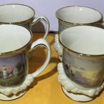 Set of 4 Lenox the Seaside Lighthouse Mugs Fine Ivory China 2004 by Thomas Kinkade Mugs in VG Condition.