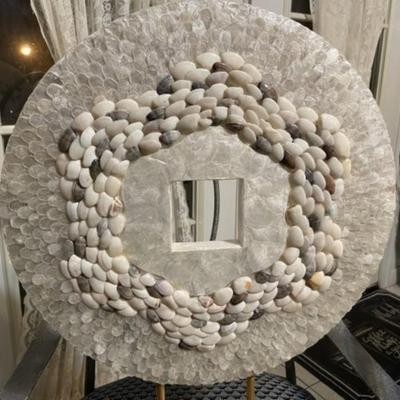 Vintage Chinese Cash Coin Home Decor Shell & Mother of Pearl 16" Diameter Coin Shape Decor Mounted on a Metal Base Preowned from...