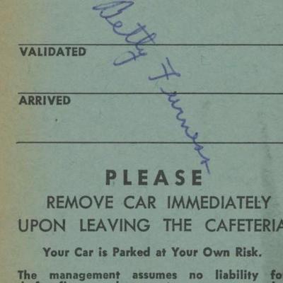 Betty Furness signed valet ticket