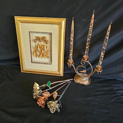 Framed & Signed Rose Art, Plated Roses & Copper Candleholder w/ Lucite Candles (LR-DW)