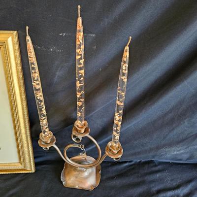 Framed & Signed Rose Art, Plated Roses & Copper Candleholder w/ Lucite Candles (LR-DW)