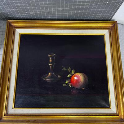 Original Oil Painting Peach w/Candlestick by F. Guarniere