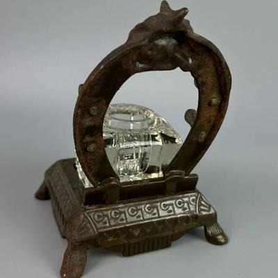  antique PS&W PECK STOW & WILCOX LUCKY HORSESHOE INKWELL PEN STAND 1877