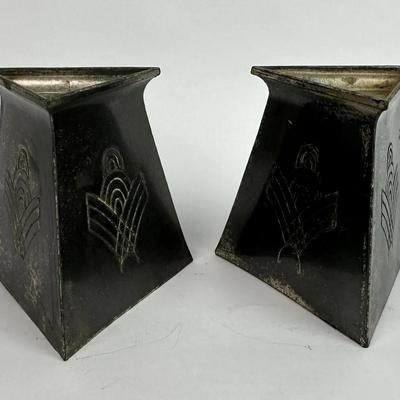 art deco JAPANESE ETCHED METAL CANDLE HOLDERS pair