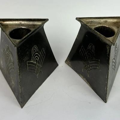  art deco JAPANESE ETCHED METAL CANDLE HOLDERS pair