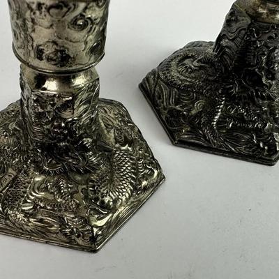 JAPANESE SPELTER DRAGON CANDLE HOLDERS pair 1920s