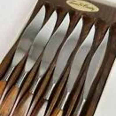 mid century modern Town & Country STAINLESS & WOOD STEAK KNIFE SET OF 6 